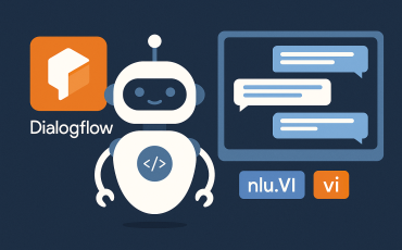 A 2D digital illustration showing AI chatbot development using Dialogflow, with visual elements representing chatbot conversation flows, language settings, and Vietnamese language integration.