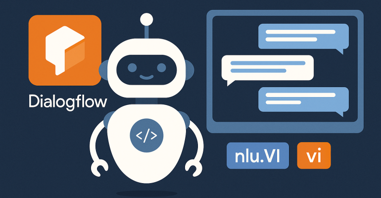 A 2D digital illustration showing AI chatbot development using Dialogflow, with visual elements representing chatbot conversation flows, language settings, and Vietnamese language integration.
