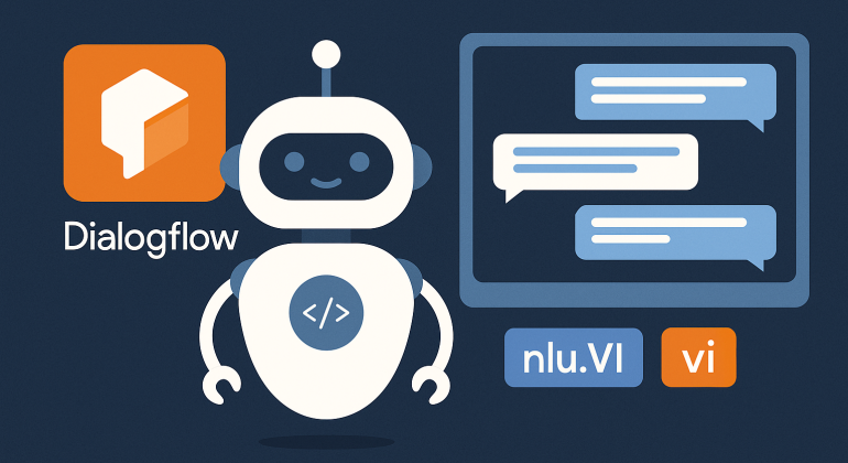A 2D digital illustration showing AI chatbot development using Dialogflow, with visual elements representing chatbot conversation flows, language settings, and Vietnamese language integration.