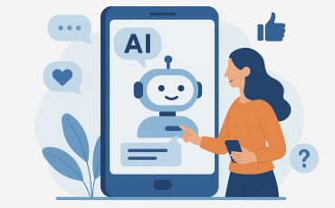 A 2D digital illustration of a woman interacting with a chatbot AI interface on a large screen, symbolizing enhanced user experience and seamless communication.