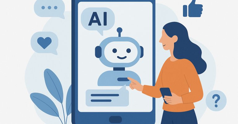 A 2D digital illustration of a woman interacting with a chatbot AI interface on a large screen, symbolizing enhanced user experience and seamless communication.