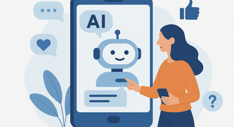 A 2D digital illustration of a woman interacting with a chatbot AI interface on a large screen, symbolizing enhanced user experience and seamless communication.