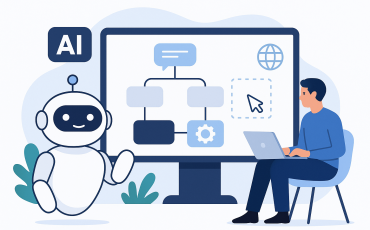 Illustration of a person building an AI chatbot using a no-code platform, with a friendly robot and a flowchart on a large screen, representing no-code AI chatbot development.