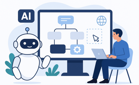 Illustration of a person building an AI chatbot using a no-code platform, with a friendly robot and a flowchart on a large screen, representing no-code AI chatbot development.