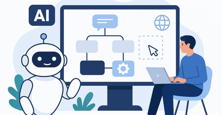Illustration of a person building an AI chatbot using a no-code platform, with a friendly robot and a flowchart on a large screen, representing no-code AI chatbot development.