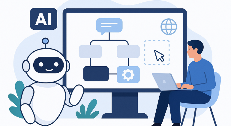 Illustration of a person building an AI chatbot using a no-code platform, with a friendly robot and a flowchart on a large screen, representing no-code AI chatbot development.