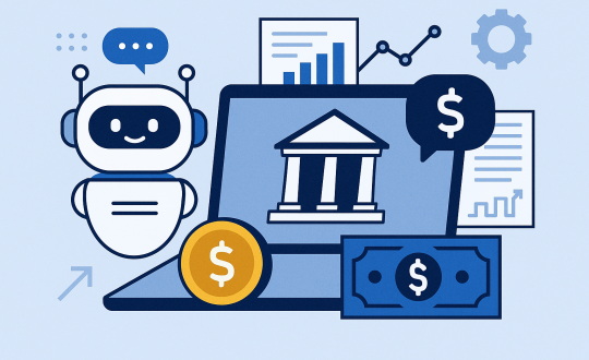Illustration of an AI chatbot interacting with customers in the banking and finance sector, featuring bank icons, financial charts, and currency symbols.