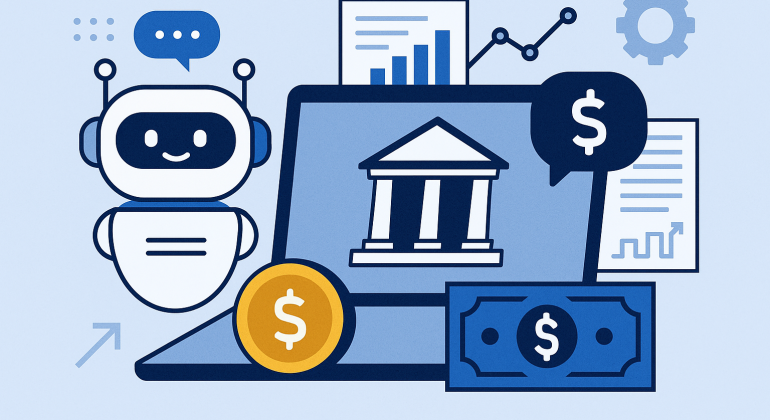 Illustration of an AI chatbot interacting with customers in the banking and finance sector, featuring bank icons, financial charts, and currency symbols.