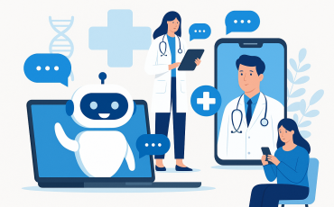 A 2D digital illustration features a healthcare AI chatbot assisting a patient through a mobile app interface, symbolizing the application of artificial intelligence in Vietnam's medical sector.