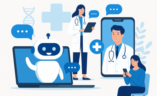 A 2D digital illustration features a healthcare AI chatbot assisting a patient through a mobile app interface, symbolizing the application of artificial intelligence in Vietnam's medical sector.