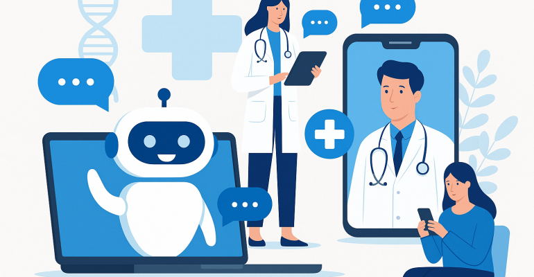 A 2D digital illustration features a healthcare AI chatbot assisting a patient through a mobile app interface, symbolizing the application of artificial intelligence in Vietnam's medical sector.