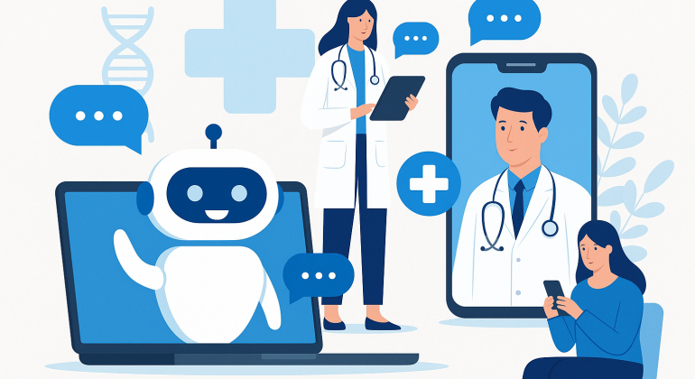 A 2D digital illustration features a healthcare AI chatbot assisting a patient through a mobile app interface, symbolizing the application of artificial intelligence in Vietnam's medical sector.