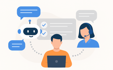 Illustration of a friendly AI chatbot interacting with customers on digital devices, symbolizing the potential replacement of human customer service representatives by artificial intelligence.