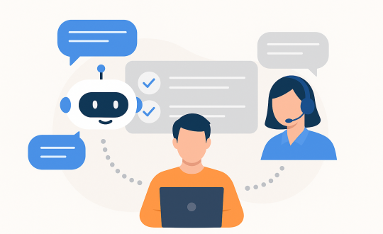 Illustration of a friendly AI chatbot interacting with customers on digital devices, symbolizing the potential replacement of human customer service representatives by artificial intelligence.