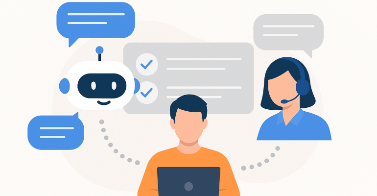 Illustration of a friendly AI chatbot interacting with customers on digital devices, symbolizing the potential replacement of human customer service representatives by artificial intelligence.