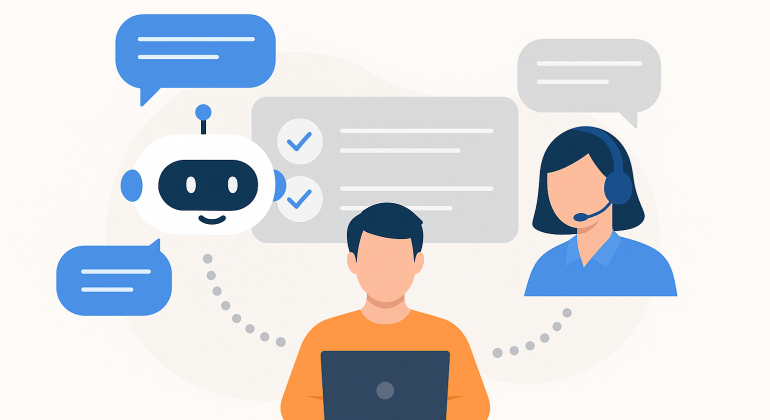 Illustration of a friendly AI chatbot interacting with customers on digital devices, symbolizing the potential replacement of human customer service representatives by artificial intelligence.