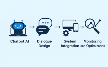 AI chatbot development process illustrated in a flat-style infographic, showcasing key steps from planning to deployment — ideal for articles about AI chatbot programming.