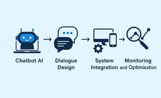 AI chatbot development process illustrated in a flat-style infographic, showcasing key steps from planning to deployment — ideal for articles about AI chatbot programming.