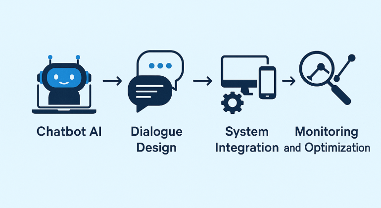 AI chatbot development process illustrated in a flat-style infographic, showcasing key steps from planning to deployment — ideal for articles about AI chatbot programming.