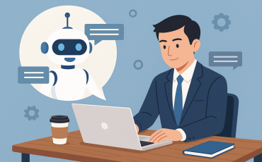 Asian businessman in a suit working on a laptop while interacting with a friendly AI chatbot, surrounded by speech bubbles and tech icons, flat-style illustration.