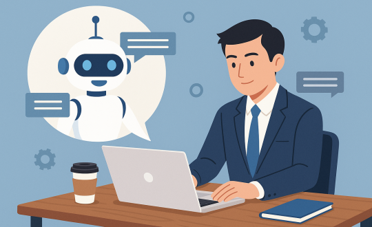 Asian businessman in a suit working on a laptop while interacting with a friendly AI chatbot, surrounded by speech bubbles and tech icons, flat-style illustration.