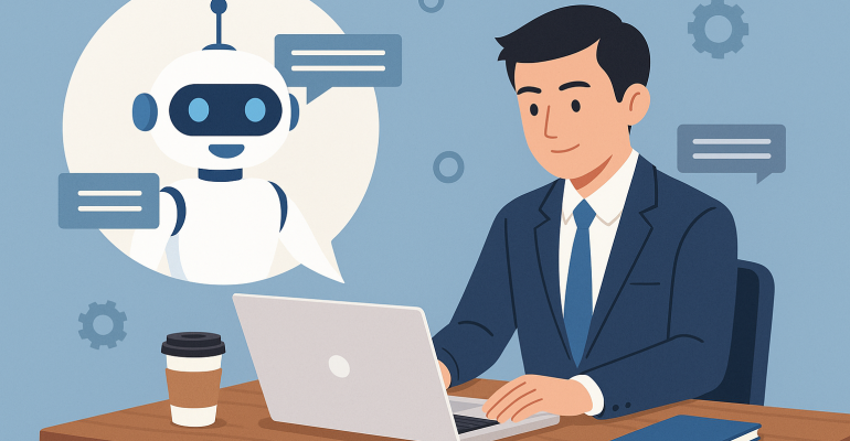 Asian businessman in a suit working on a laptop while interacting with a friendly AI chatbot, surrounded by speech bubbles and tech icons, flat-style illustration.