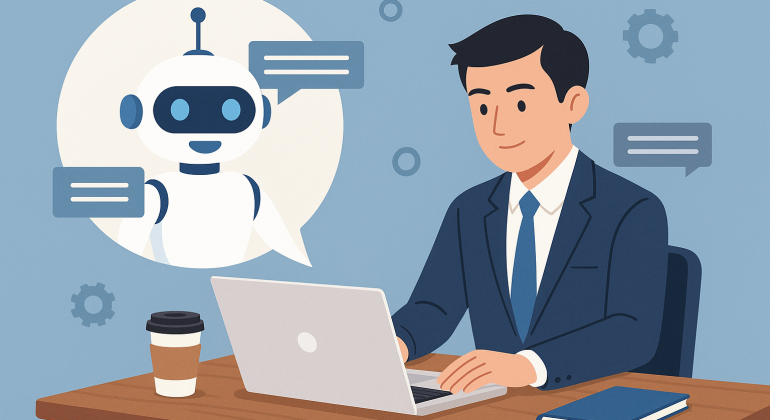 Asian businessman in a suit working on a laptop while interacting with a friendly AI chatbot, surrounded by speech bubbles and tech icons, flat-style illustration.