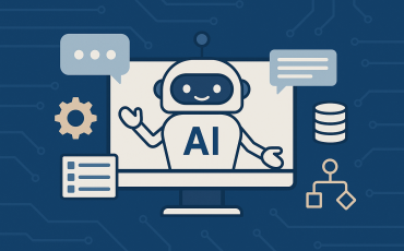 Illustration of an AI chatbot on a computer screen with icons representing dynamic content updates, automation, and data integration.