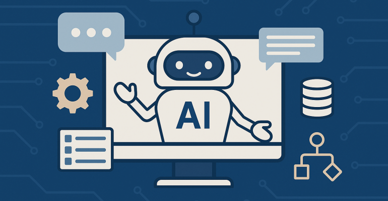 Illustration of an AI chatbot on a computer screen with icons representing dynamic content updates, automation, and data integration.