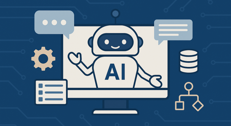 Illustration of an AI chatbot on a computer screen with icons representing dynamic content updates, automation, and data integration.