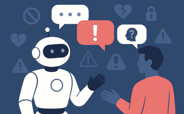 A humanoid AI chatbot and a human user engage in a serious conversation, surrounded by icons representing sensitive issues such as data privacy, emotional distress, and warnings — illustrating responsible AI chatbot behavior.