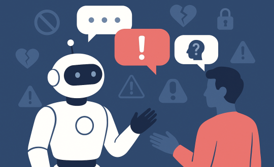 A humanoid AI chatbot and a human user engage in a serious conversation, surrounded by icons representing sensitive issues such as data privacy, emotional distress, and warnings — illustrating responsible AI chatbot behavior.