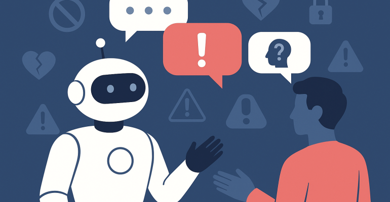 A humanoid AI chatbot and a human user engage in a serious conversation, surrounded by icons representing sensitive issues such as data privacy, emotional distress, and warnings — illustrating responsible AI chatbot behavior.