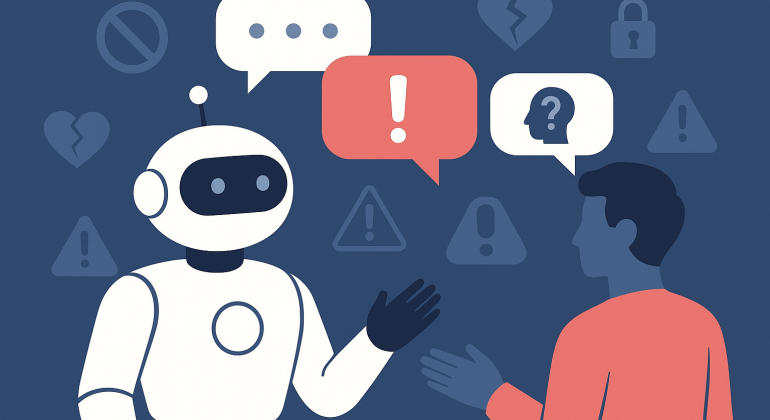 A humanoid AI chatbot and a human user engage in a serious conversation, surrounded by icons representing sensitive issues such as data privacy, emotional distress, and warnings — illustrating responsible AI chatbot behavior.