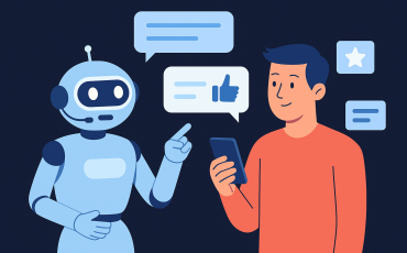 AI chatbot interacting with a human user, exchanging feedback through speech bubbles in a modern digital interface.