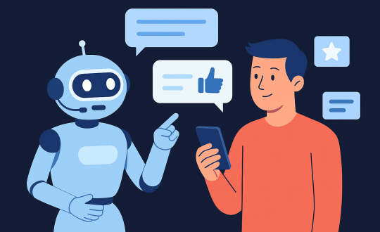 AI chatbot interacting with a human user, exchanging feedback through speech bubbles in a modern digital interface.