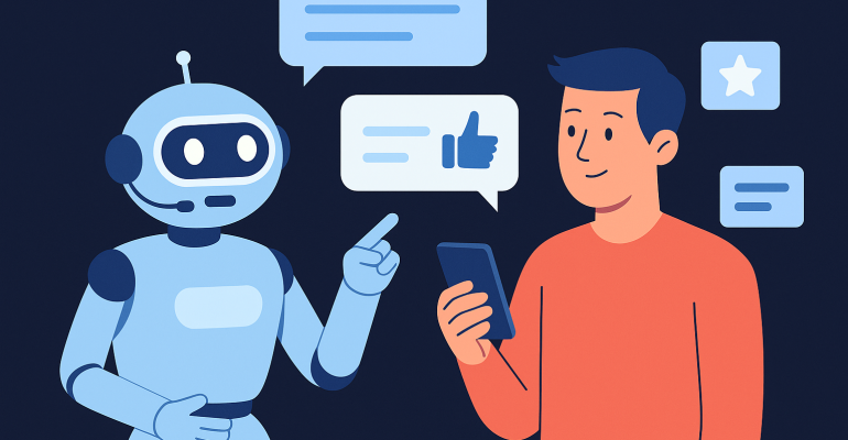AI chatbot interacting with a human user, exchanging feedback through speech bubbles in a modern digital interface.