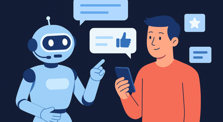 AI chatbot interacting with a human user, exchanging feedback through speech bubbles in a modern digital interface.