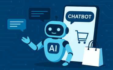 A friendly AI chatbot assisting with online shopping, displayed alongside a smartphone screen with a shopping cart icon and chat bubbles, representing e-commerce automation.