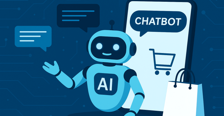 A friendly AI chatbot assisting with online shopping, displayed alongside a smartphone screen with a shopping cart icon and chat bubbles, representing e-commerce automation.
