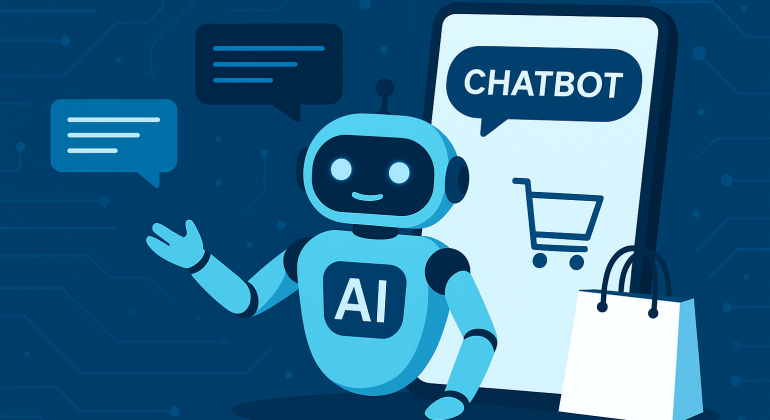 A friendly AI chatbot assisting with online shopping, displayed alongside a smartphone screen with a shopping cart icon and chat bubbles, representing e-commerce automation.