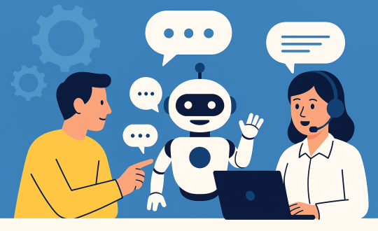 Illustration of a customer interacting with an AI chatbot and a human customer service representative, representing the integration of AI automation and hotline support.
