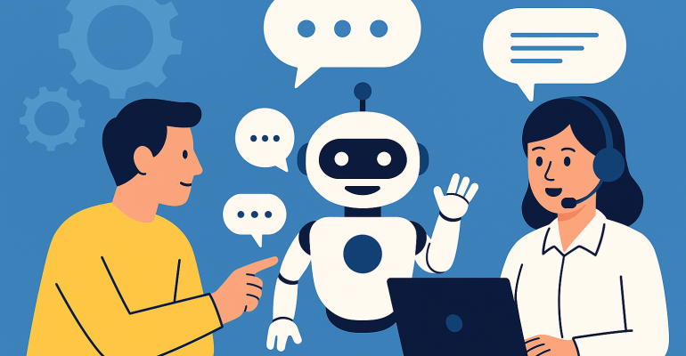 Illustration of a customer interacting with an AI chatbot and a human customer service representative, representing the integration of AI automation and hotline support.