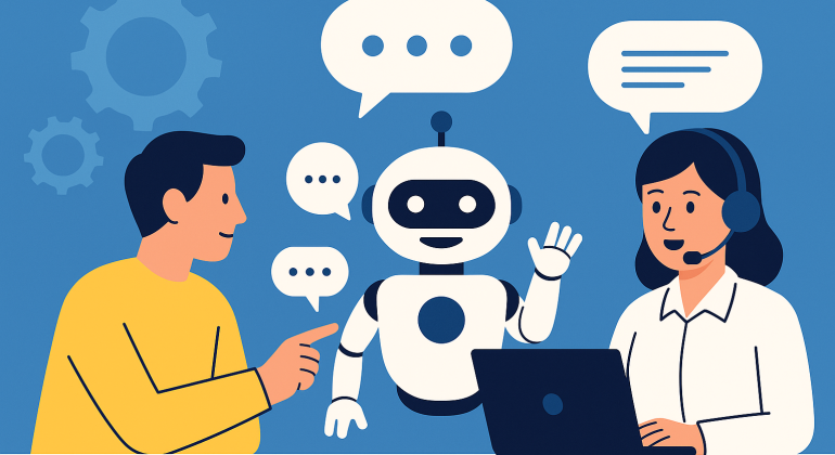 Illustration of a customer interacting with an AI chatbot and a human customer service representative, representing the integration of AI automation and hotline support.