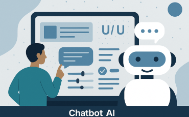 Illustration of a person interacting with a chatbot AI interface, showcasing UI/UX elements such as speech bubbles, sliders, and checkmarks on a digital screen.