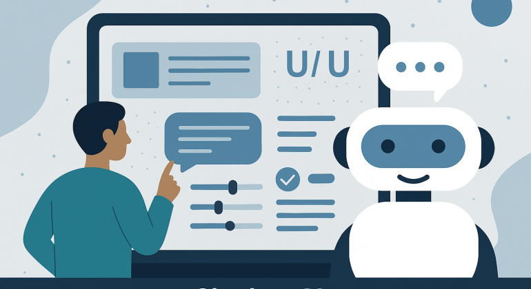 Illustration of a person interacting with a chatbot AI interface, showcasing UI/UX elements such as speech bubbles, sliders, and checkmarks on a digital screen.