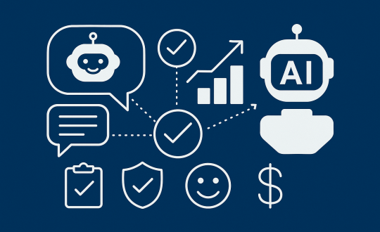 Minimalist illustration showing AI chatbot performance evaluation metrics, including chatbot icons, checkmarks, charts, and user satisfaction symbols on a blue background.