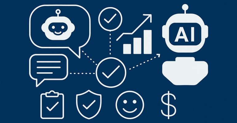 Minimalist illustration showing AI chatbot performance evaluation metrics, including chatbot icons, checkmarks, charts, and user satisfaction symbols on a blue background.