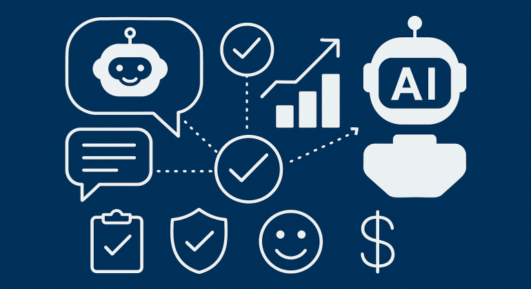 Minimalist illustration showing AI chatbot performance evaluation metrics, including chatbot icons, checkmarks, charts, and user satisfaction symbols on a blue background.