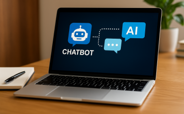 A laptop displaying a chatbot AI interface on the screen, placed on a wooden desk with a notebook, pen, and a plant in the background — representing AI chatbot application in business environments.